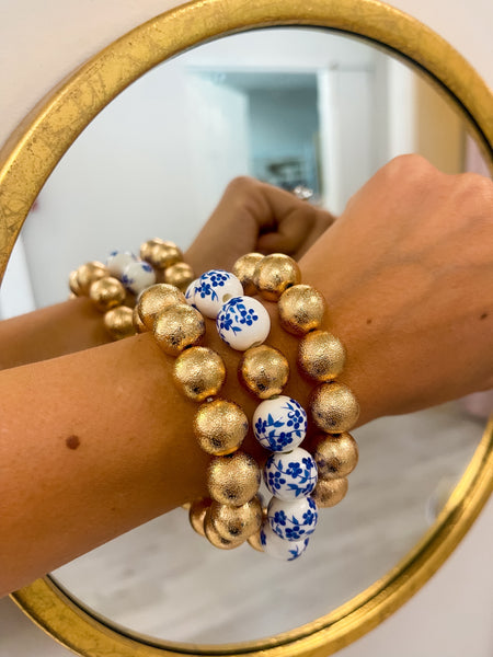 Blue Floral & Gold Ball Bracelet Set