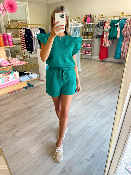 Green Ruffle Sleeve Textured Set