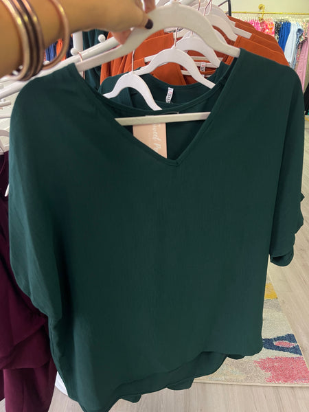 Woven V Neck Top- Huntergreen