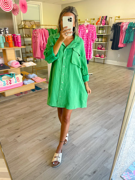 Washed Cotton Button Up Tunic Dress- Green