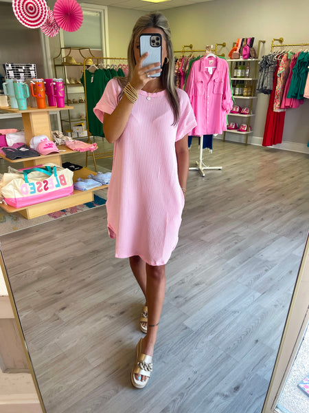 Ribbed Pocketed Dress- Pink