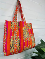 Large Quilted Tote Bag- Tiger Orange/Pink