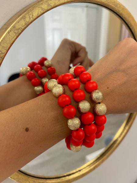 3 Row Wood Ball Bracelet- Red