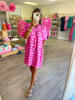 Spotted Pink Puff Sleeve Smocked Dress