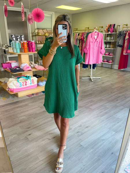 Ribbed Pocketed Dress- Green