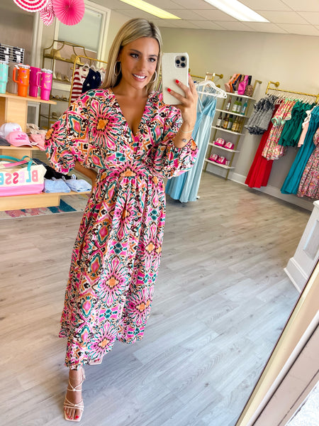 Floral Smocked Waist Pink Maxi Dress